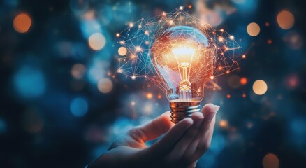 A businessman holding an illuminated light bulb with digital connections around it, representing innovative ideas and technology in business. 