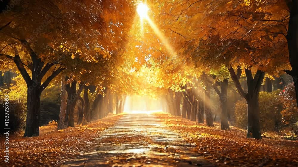 Poster sunlight streams through the leaves of a fall-colored tree line, creating a picturesque scene