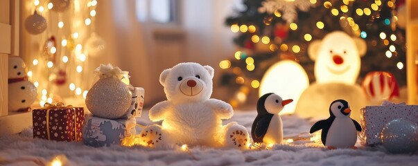 Joyful children's toys including polar bears and penguins, nestled in a room decorated with Christmas lights and snowy themes.