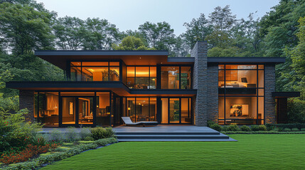 Wooden house in the forest with garden surrounded by trees Modern architecture and summer sky -3