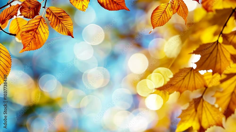 Poster golden leaves hang from a branch in the autumn light, creating a beautiful bokeh effect