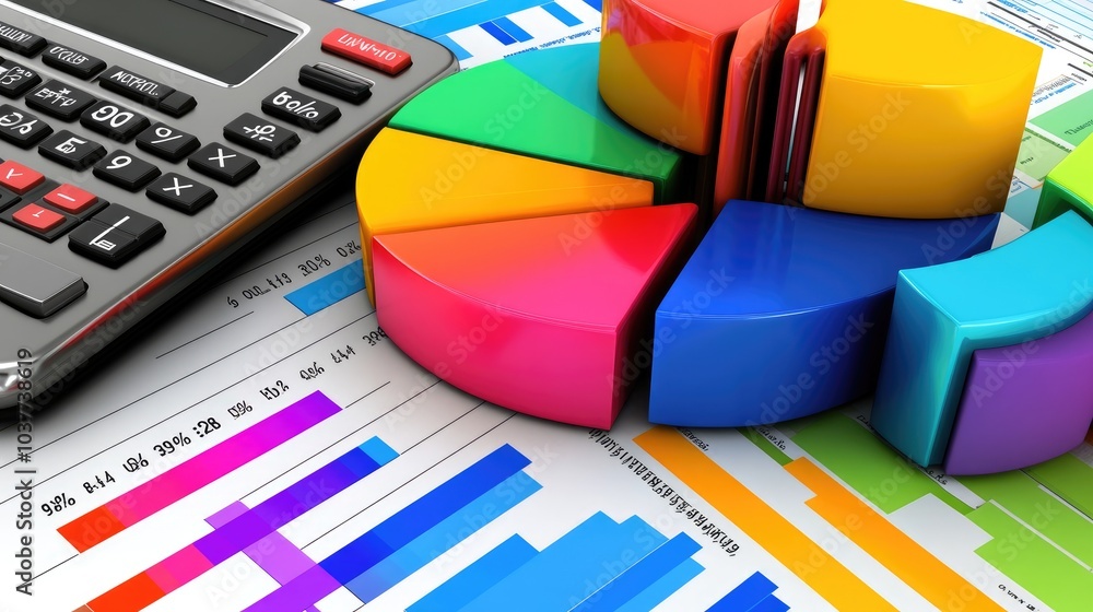 Poster colorful pie chart with calculator and graphs