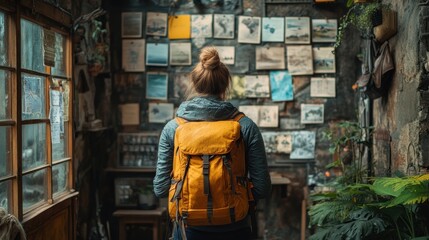 Obraz premium A person with a backpack gazes at a wall of travel photos.