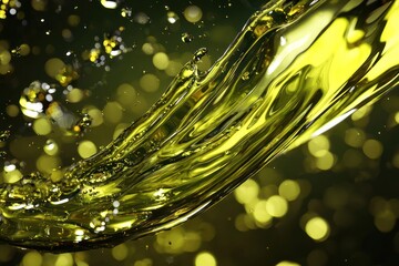 Luxurious oil splash capturing the dynamic movement and reflective quality of olive or engine oil in a stylized setting.