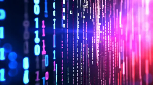 A digital stream of binary code flows down a screen in blue and pink hues