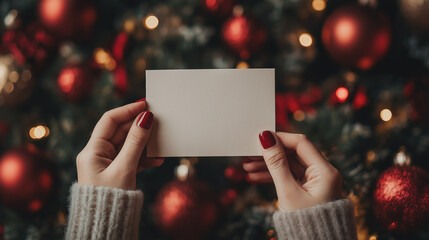 Hands holding empty greeting card and christmas ornaments.