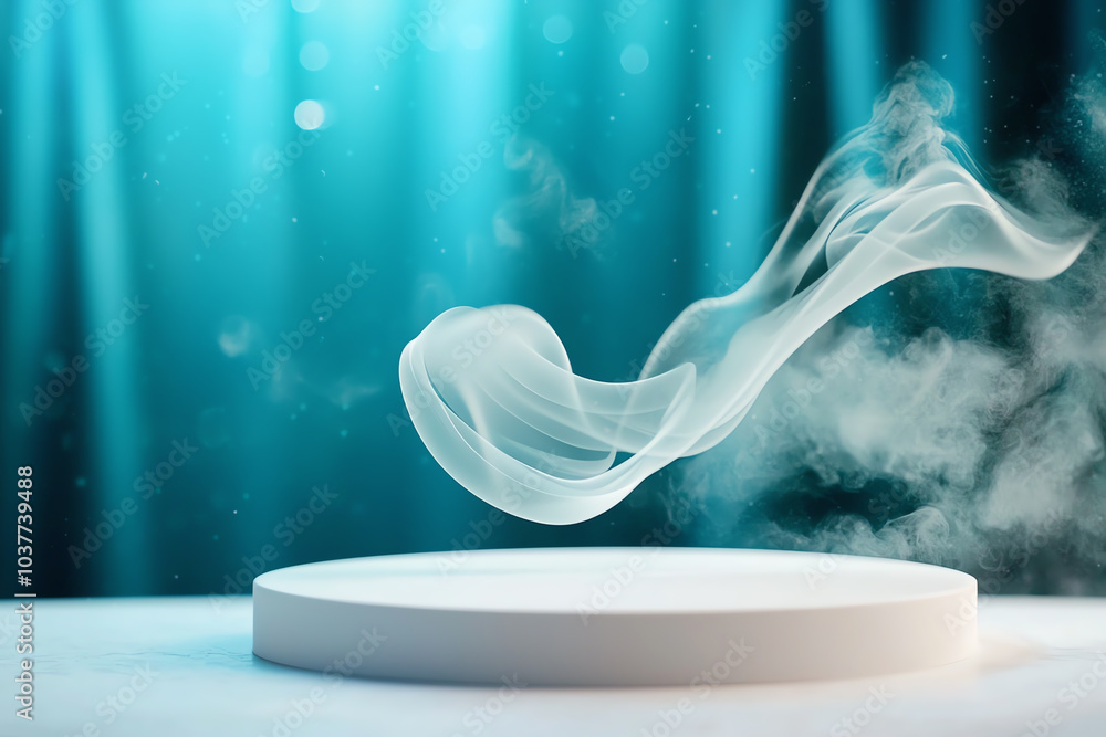 Poster ethereal smoke flowing above a minimalistic platform surrounded by soft light rays