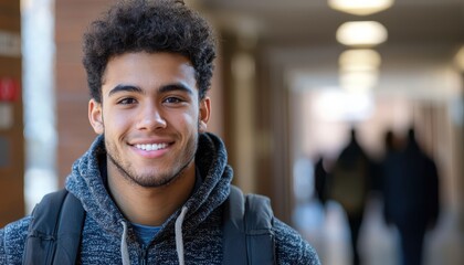 Male college student on campus confidently engaging the camera, emphasizing academic enthusiasm