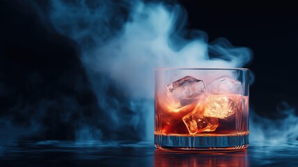 A glass of whiskey with ice cubes sits surrounded by dramatic smoke, evoking a sense of mystery and sophistication. Perfect for projects related to beverages, luxury, or nightlife.