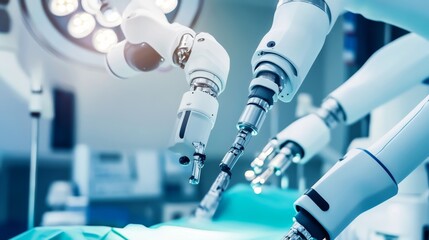 A robotic surgeon performing a complex procedure in a cutting-edge operating room, advanced medical tools and sterile environment, Medical precision style