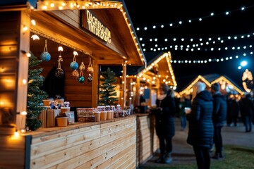 Obraz premium Christmas market stalls selling ornaments, hot cocoa, and festive treats, with twinkling lights overhead and shoppers bundled up in scarves