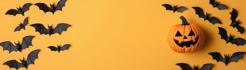 Fototapeta premium Boo with jack-o-lantern face, playful bats flying around, orange background