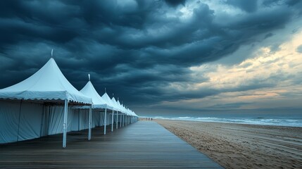 Row of beach tents on a boardwalk under dramatic storm clouds at dusk
