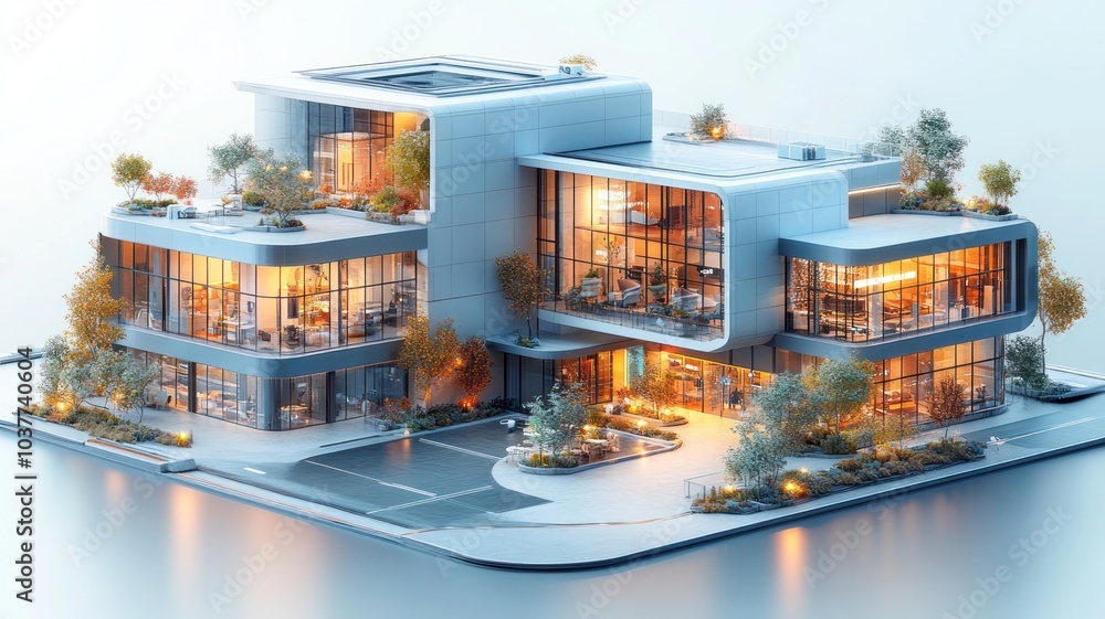 Poster modern architectural design featuring a multi-level building with greenery.