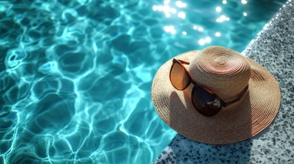 A minimalistic fashion aesthetic scene featuring sunglasses and a straw hat beside a marble swimming pool with clear blue water