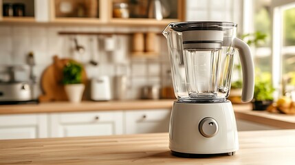 A sleek blender on a countertop in a bright, modern kitchen, leaving copy space for text