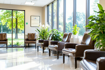 hospital waiting room with elegant leather chairs, indoor plants, floor-to-ceiling windows
