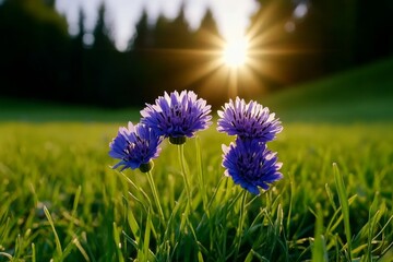 Obraz premium Grassnut flowers swaying in the wind, their delicate blue petals scattered across a lush green field