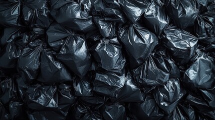Pile of black garbage bags texture background, top view
