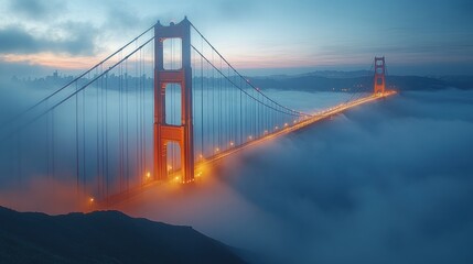 Fototapeta premium Golden Gate Bridge emerging from fog at sunrise.