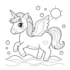 Obraz premium Unicorn with Heart Flying , Wings, and Cute Bird in a Whimsical Coloring Book Scene