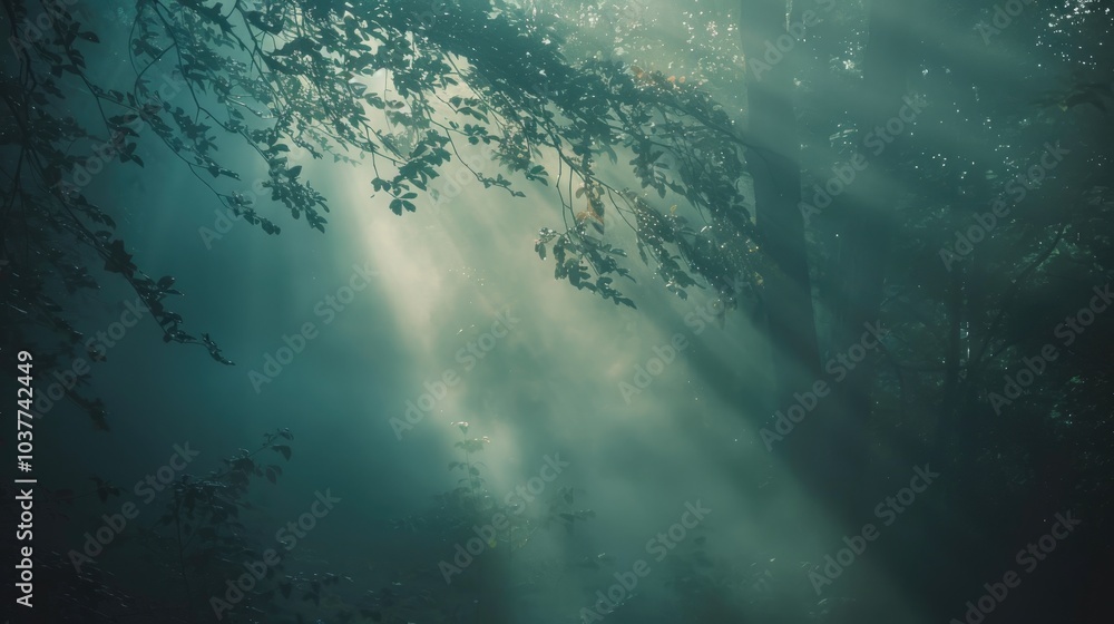 Poster a serene forest scene with beams of light filtering through the misty trees.