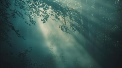 Fototapeta premium A serene forest scene with beams of light filtering through the misty trees.