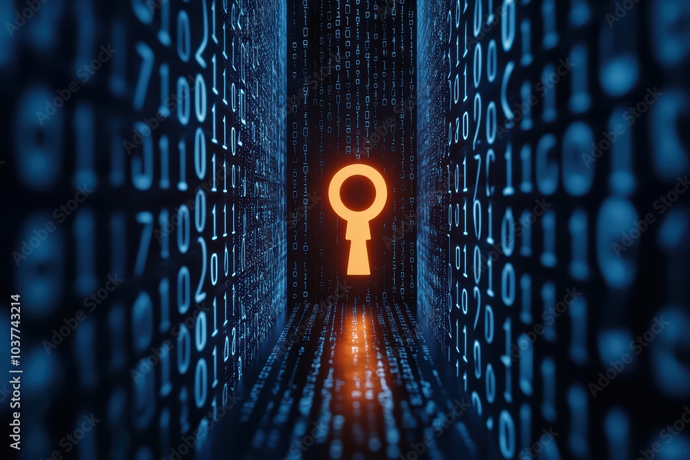 Poster a glowing key silhouette amid binary code, representing digital security and access.