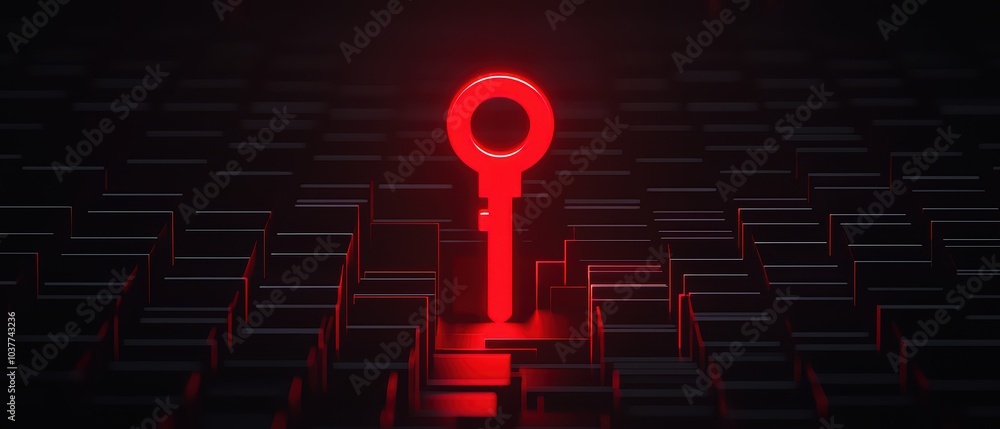 Poster a glowing red key symbolizing security and access on a dark grid background.