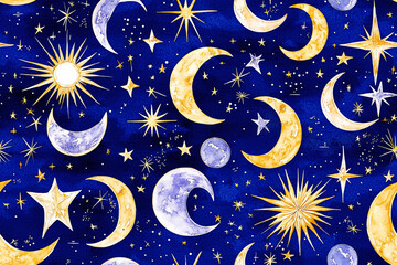 Naklejka premium seamless repetitive pattern background of stars and moons on midnight blue, celestial wonder 