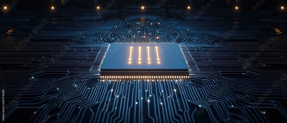 Poster abstract close-up of a modern microchip on a circuit board, showcasing intricate connections and ill
