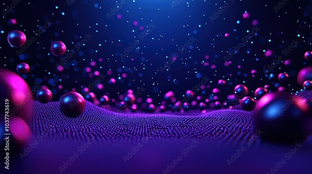 Poster abstract colorful digital landscape with floating spheres, dynamic textures, and glowing particles.