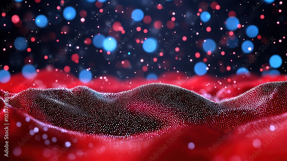 Poster abstract digital landscape with vibrant red and blue particles creating a mesmerizing visual effect.