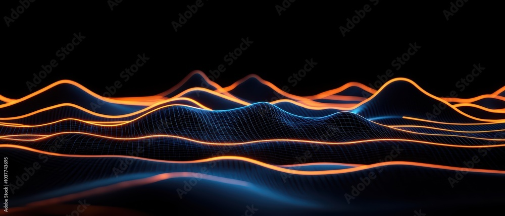 Poster abstract waves of light in vibrant colors create a dynamic visual landscape on a dark background.