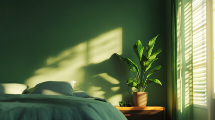A tranquil bedroom with a green wall and sunlight casting shadows on the plant and bed