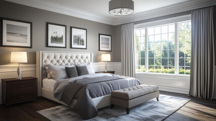 Modern bedroom design featuring a cozy bed and large window with garden view in natural light