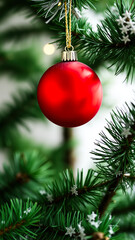 single red ornament hanging on a christmas tree