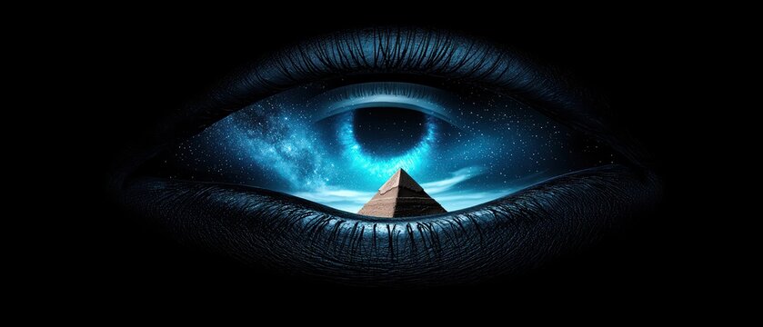 An abstract representation of an eye with a pyramid reflecting cosmic elements.