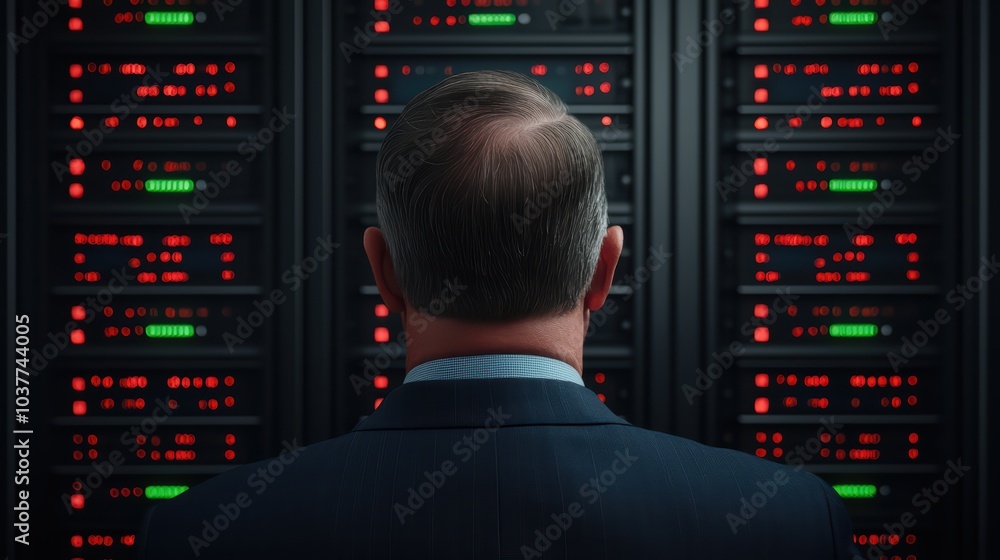 Poster businessman analyzing data in a server room with illuminated servers.