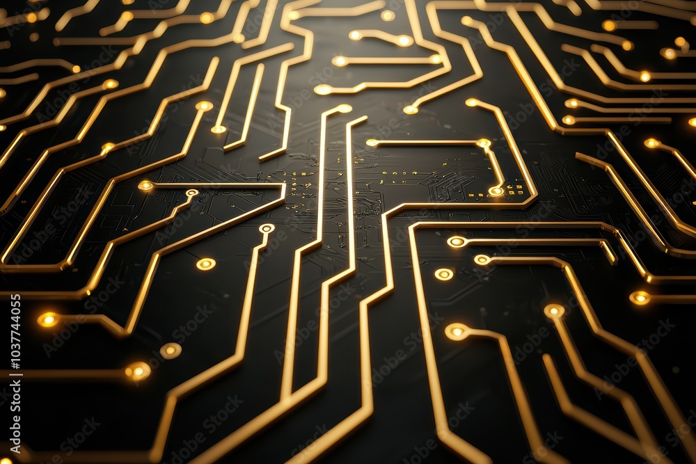 Poster close-up of a futuristic circuit board design with glowing golden lines on a dark background.