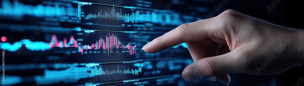 Poster close-up of a human hand interacting with digital data on a touchscreen interface.