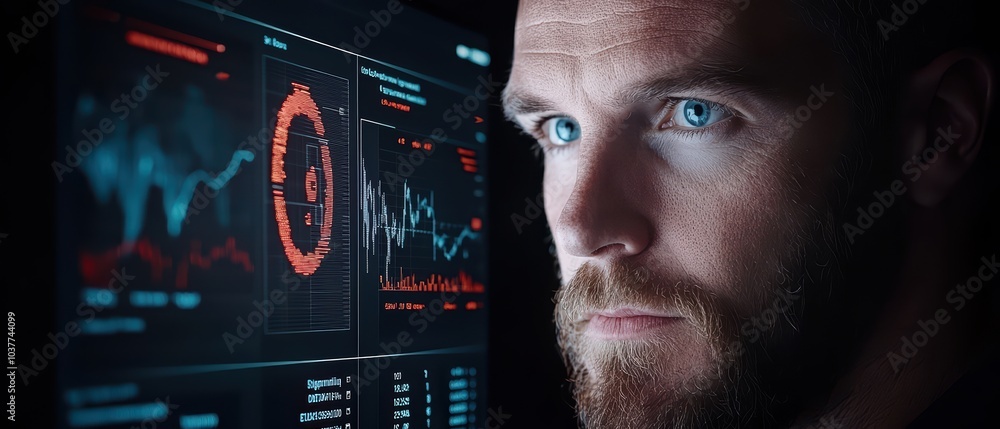 Poster close-up of a man focused on tech screens displaying data and analytics in a modern workspace.