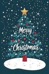 Merry Christmas tree illustration with colorful ornaments, Festive Xmas artwork for greeting cards, capturing cheerful holiday scene with falling snowflakes 