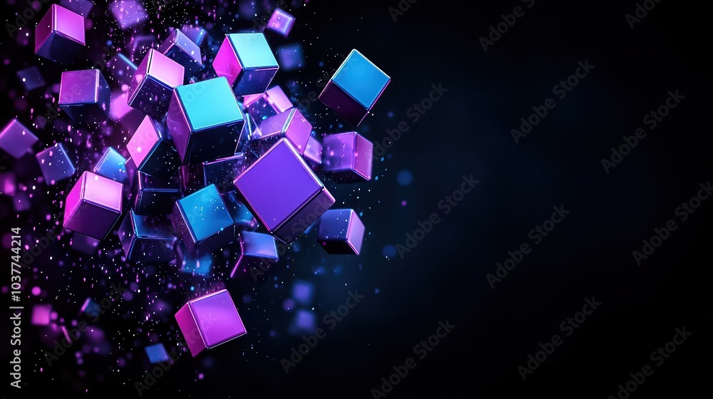 Poster colorful 3d cubes exploding with vibrant lights against a dark background.