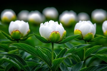 Peony garden in early spring, with soft pink and white flowers just starting to bloom