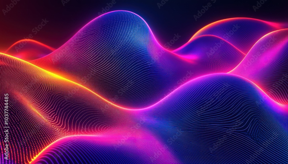 Poster neon abstract lines flowing smoothly on a dark background, perfect for creating a vibrant and futuri