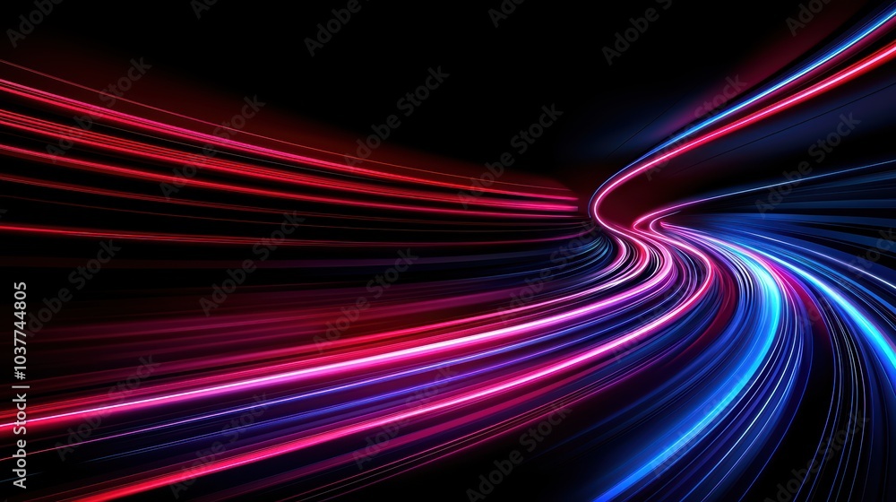 Poster dynamic light trails in red and blue on a black background, representing speed and motion.