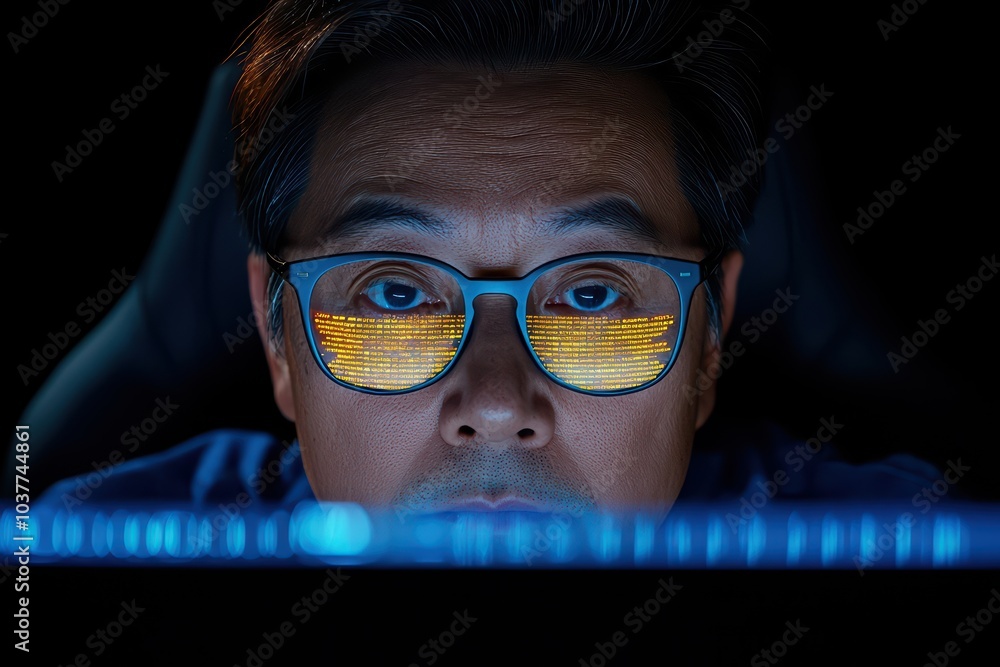 Poster focused individual working on a computer with illuminated screen reflections in glasses.