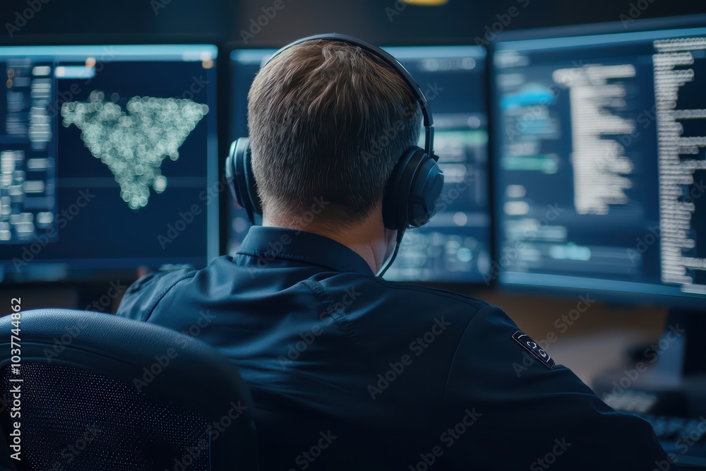 Poster focused individual monitoring data on multiple computer screens in a modern office setting.