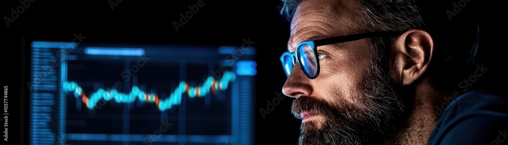 Poster focused man analyzing data on screen with a financial chart in a dark, tech-driven environment.